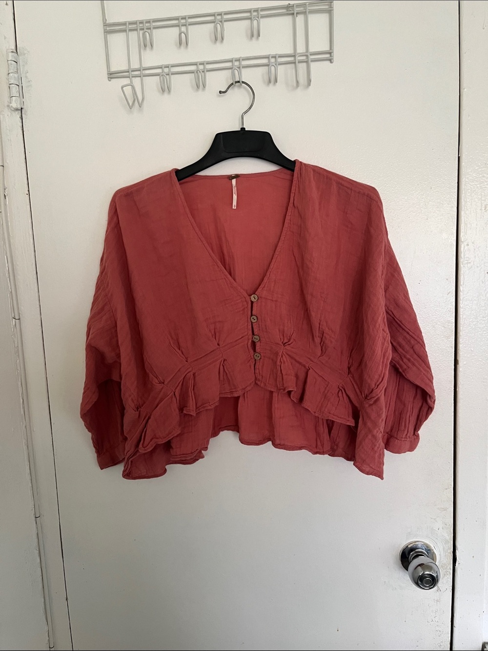Rust Red Ruffled V-Neck Button-Front Women’s Top